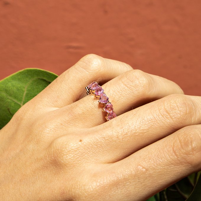 Aliança inteira coração Safira Rosa 