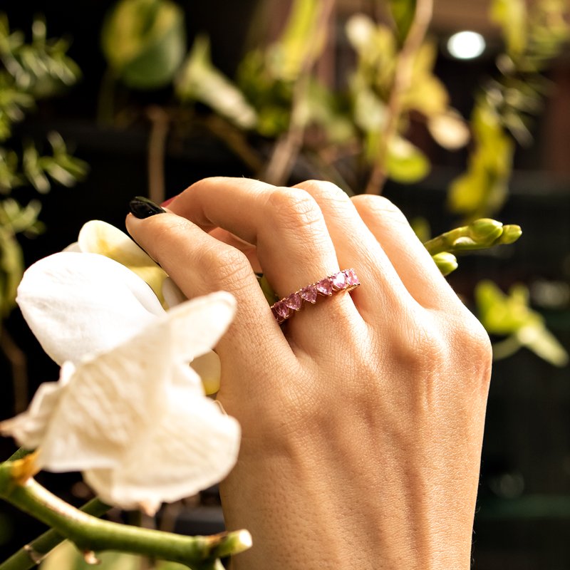 Aliança inteira coração Safira Rosa 
