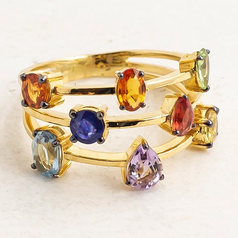 Anel 3 Aros Candy Safiras Coloridas Ouro 18k
