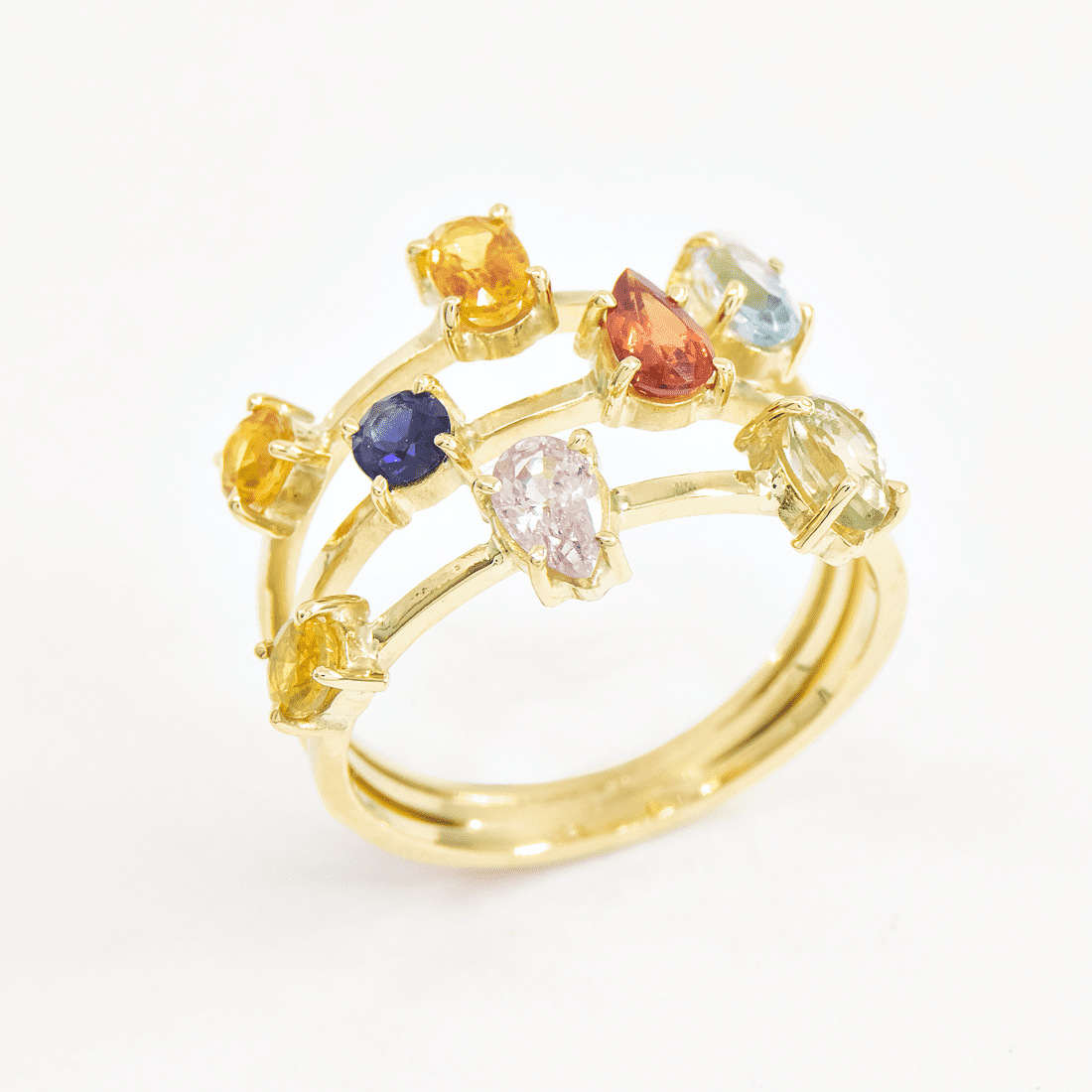 Anel 3 Aros Candy Safiras Coloridas Ouro 18k