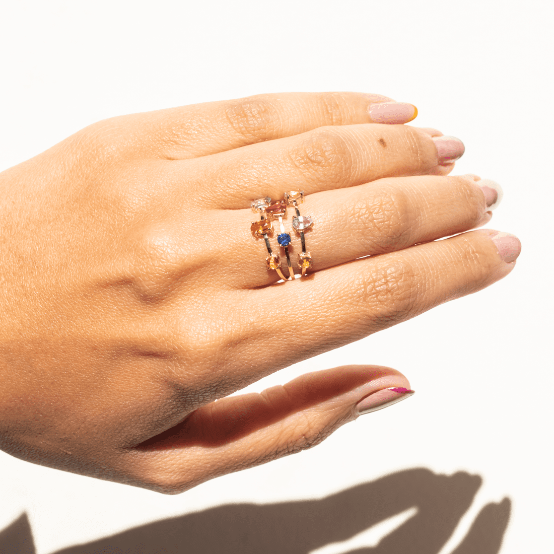 Anel 3 Aros Candy Safiras Coloridas Ouro 18k