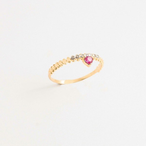 Anel Bolinhas 7 Diamantes Coração Rubi 