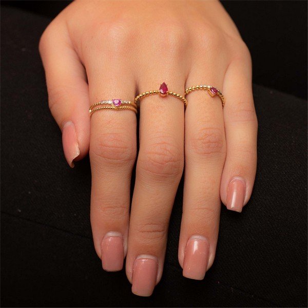 Anel Duplo Bolinhas Coroa Diamantes Coração Rubi