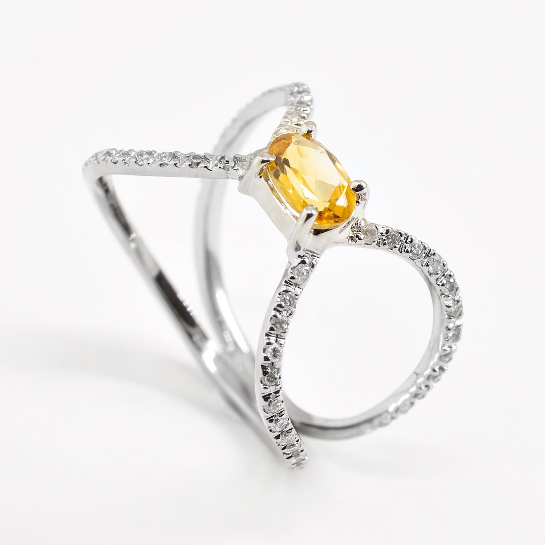 Anel Duplo Diamantes Pedra Citrino