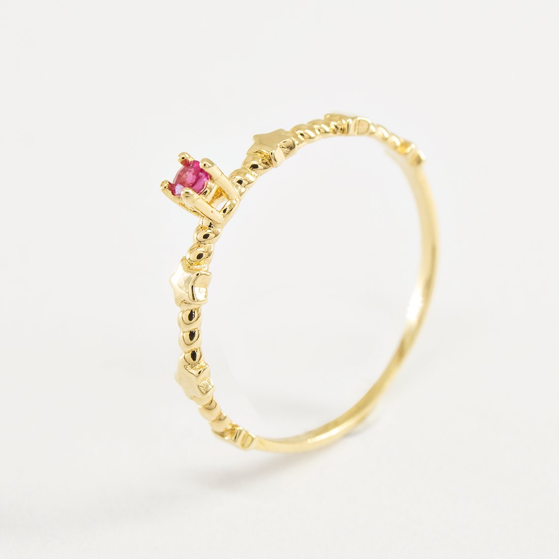 Anel Fininho Ouro 18k Rubi Estrelinhas 