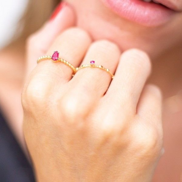 Anel Fininho Ouro 18k Rubi Estrelinhas 