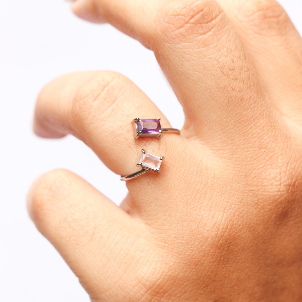 Anel Fino Aberto Quartzo Rosa e Ametista