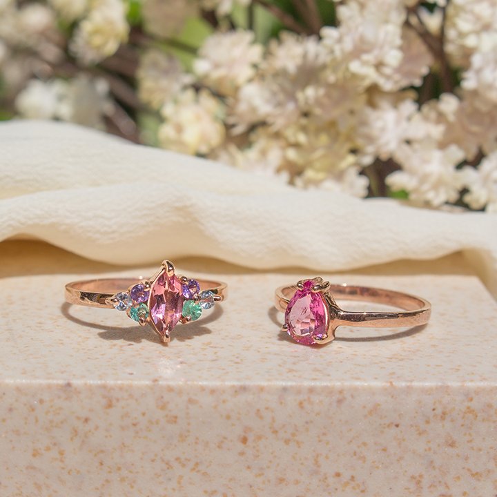Anel Florescer Turmalina Rosa e Pedras Preciosas 