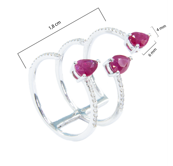 Anel Garras Triplas Diamantes e Gotas Rubis