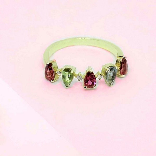 Anel Gotas Turmalinas Coloridas Ouro 18K