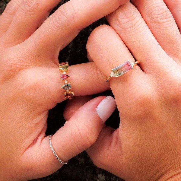 Anel Gotas Turmalinas Coloridas Ouro 18K