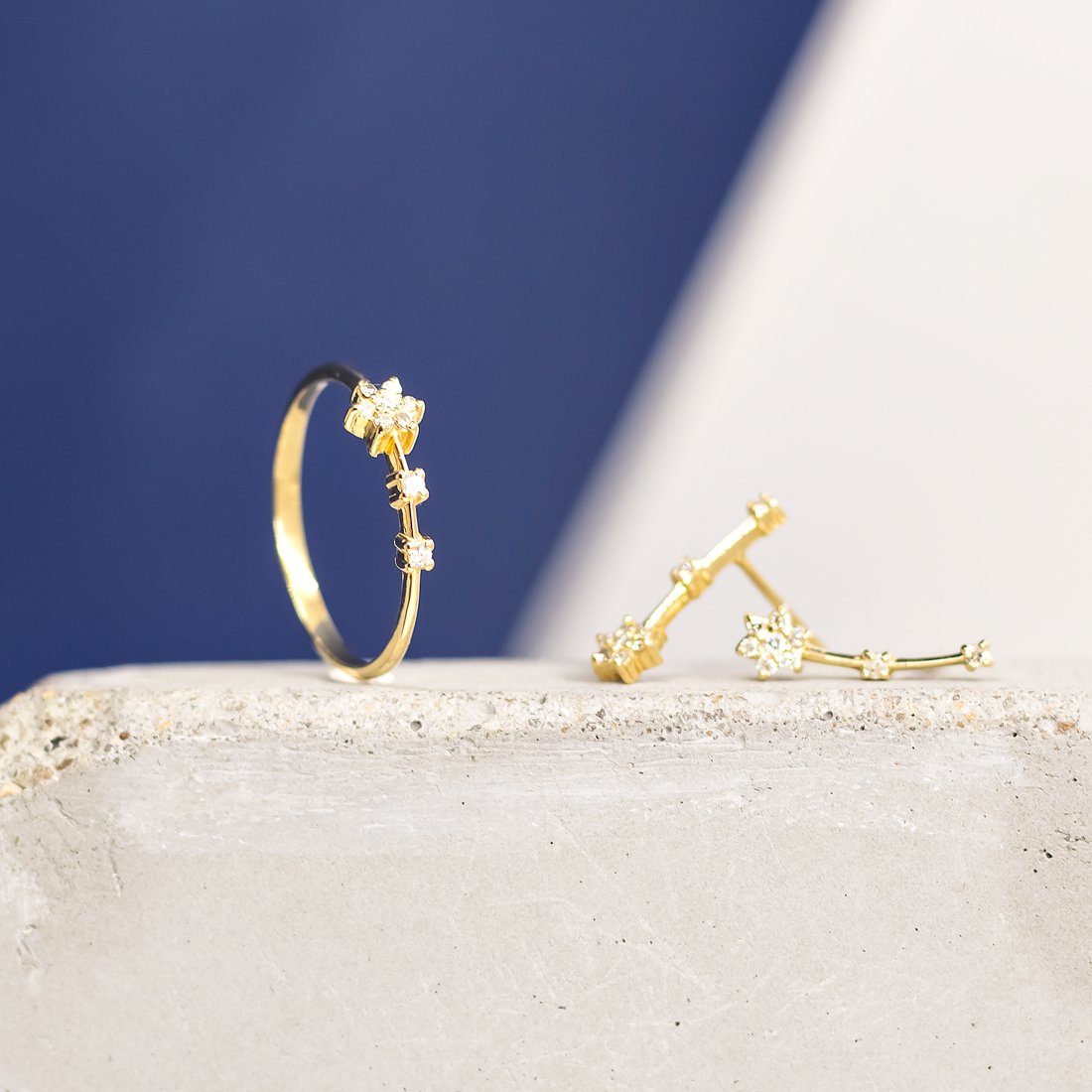 Anel Line Flor e Estrela Diamantes