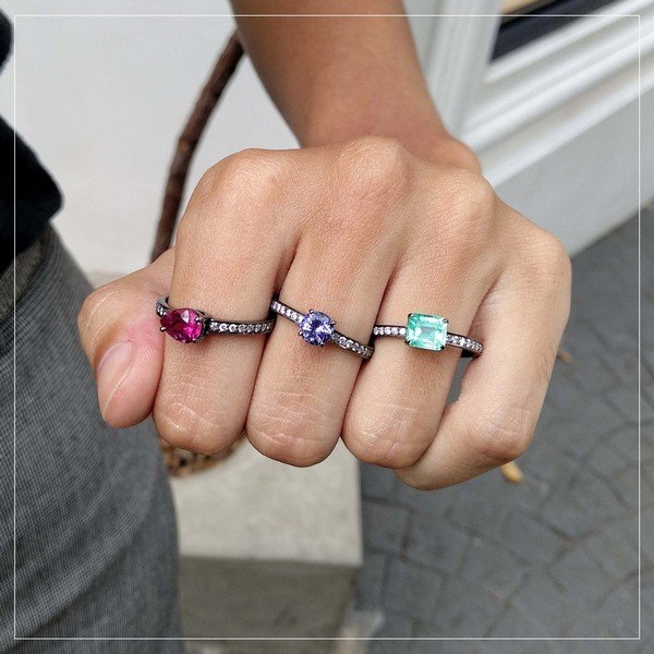 Anel Ouro 18k Esmeralda Retangular Diamantes Aro
