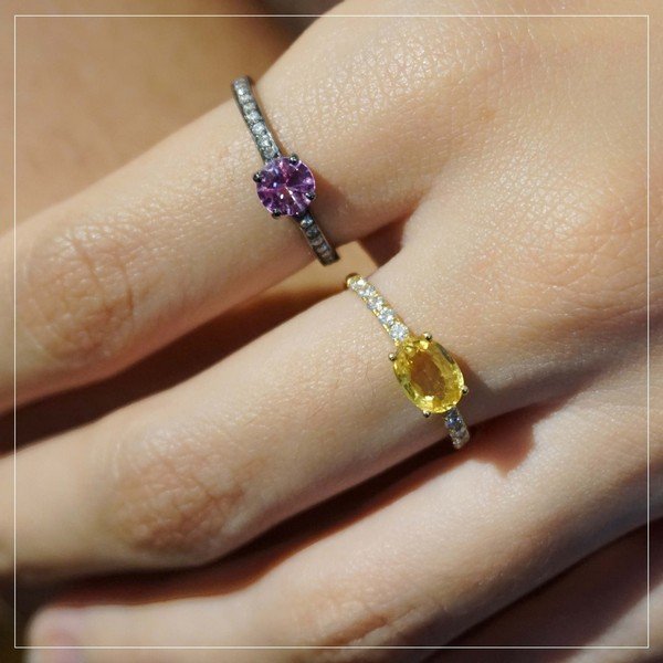 Anel Oval Safira Amarela e Diamantes