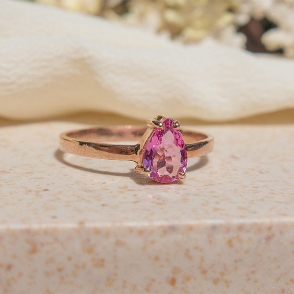 Anel Solitario Gota Turmalina Rosa 