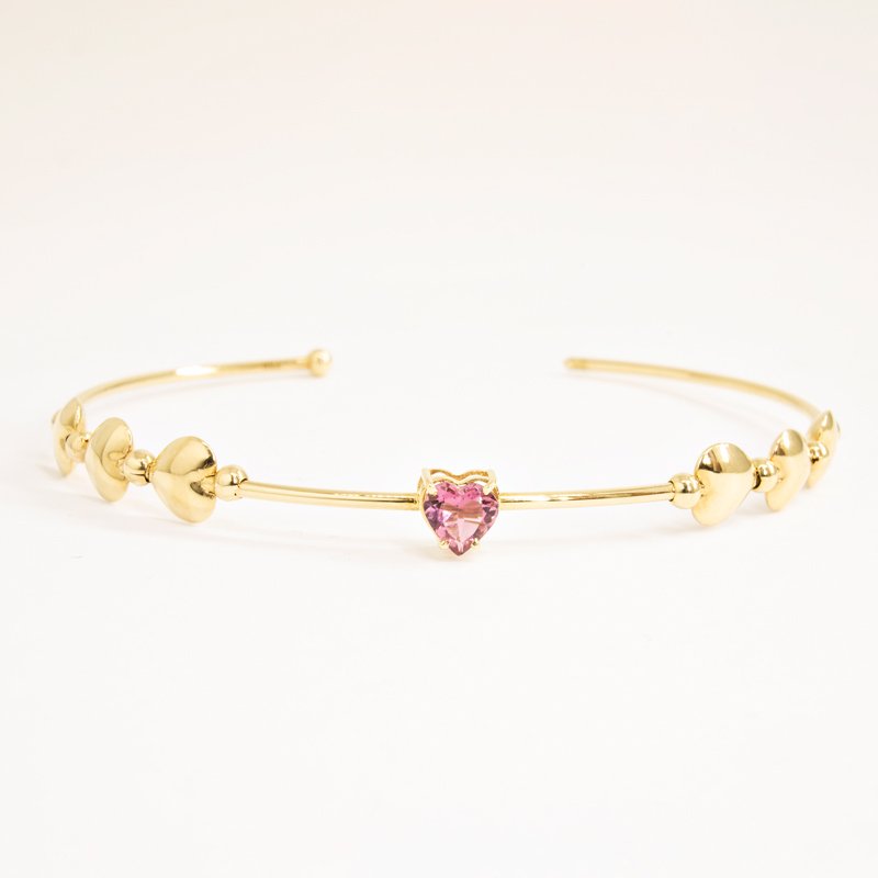 Bracelete corações turmalina rosa bolinhas e corações chapinha