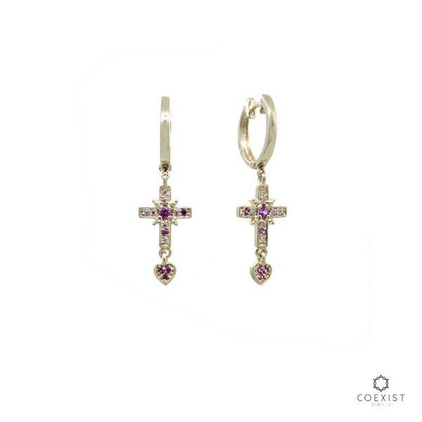 Brinco Cruz Coração Ouro 18k Turmalina Rosa e Topázio
