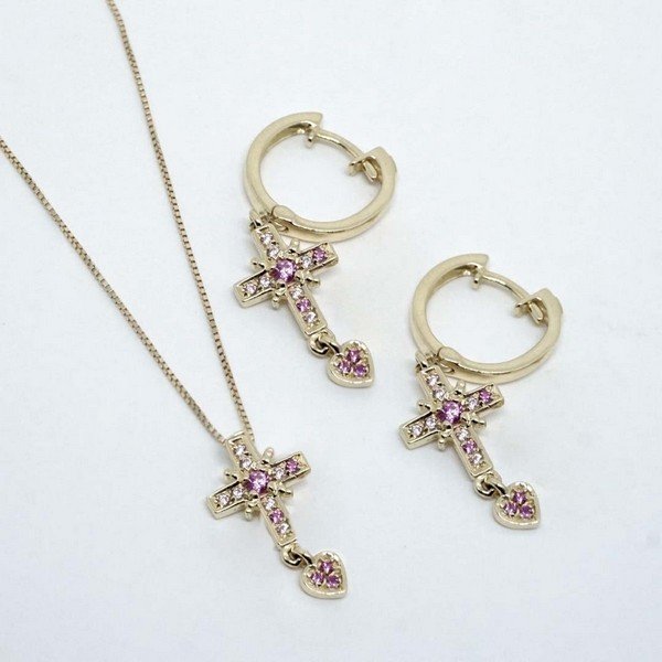 Brinco Cruz Coração Ouro 18k Turmalina Rosa e Topázio