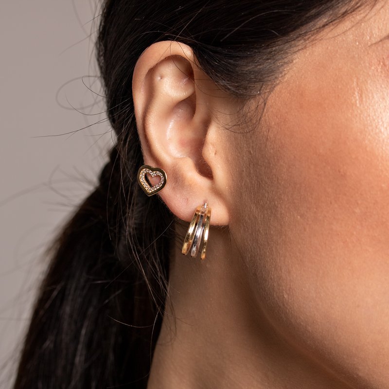 Brinco Double Corações Stone Ouro 18K