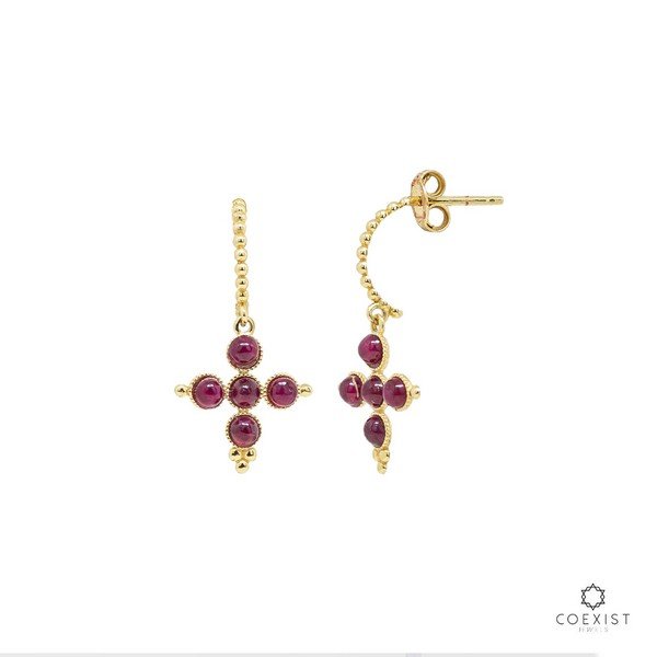 Brinco Meia Argola Aro Bolinhas Cruz Cabochões Rubi