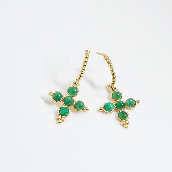 Brinco Meia Argola Bolinhas Cruz Cabochões Esmeralda