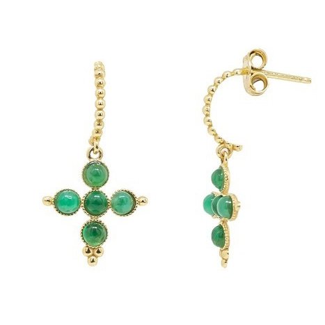 Brinco Meia Argola Bolinhas Cruz Cabochões Esmeralda