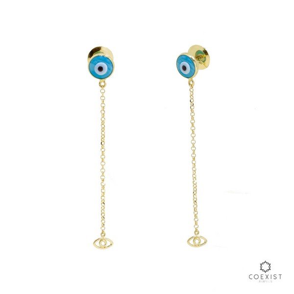 Brinco Olho Grego Azul Turquesa Correntinha
