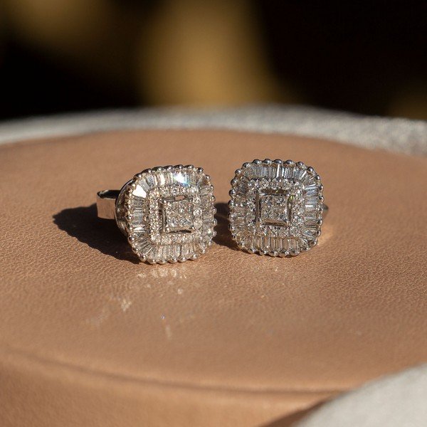 Brinco Quadrado Brilhantes Baguete Diamantes