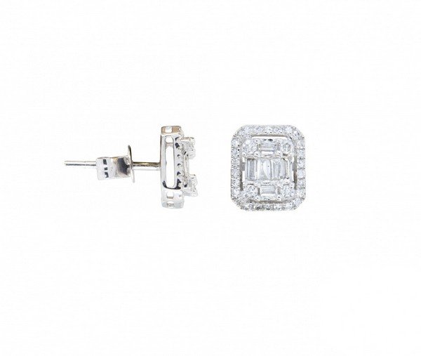 Brinco Retangular Moldura Diamantes Baguetes e Brilhantes
