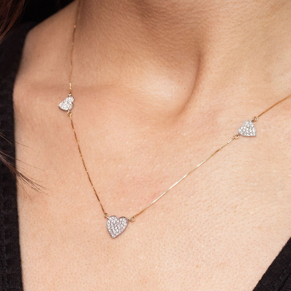 Colar 3 corações Diamantes