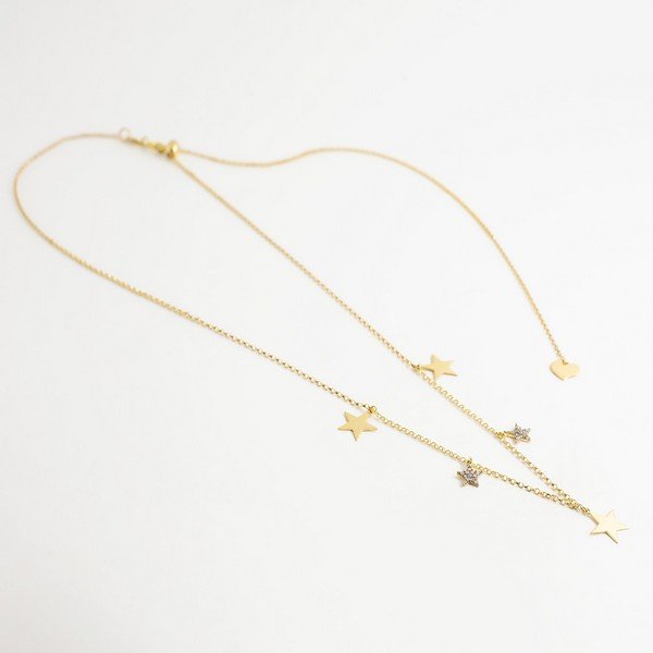 Colar Ajustável Estrelas em Ouro Liso e Diamantes