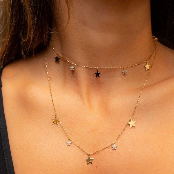 Colar Ajustável Estrelas em Ouro Liso e Diamantes