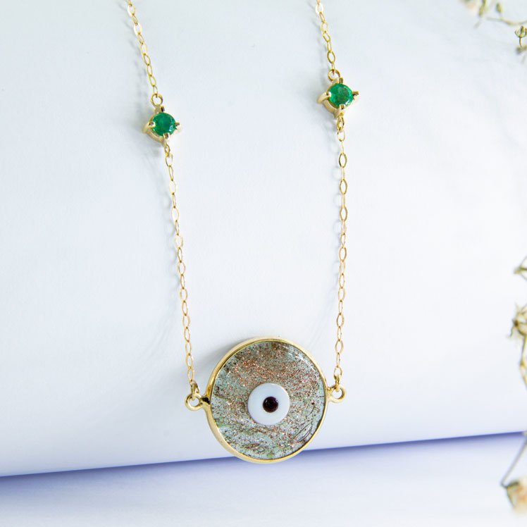 Colar Choker Olho Grego Murano Dourado e Esmeraldas
