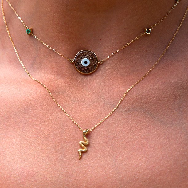 Colar Choker Olho Grego Murano Dourado e Esmeraldas