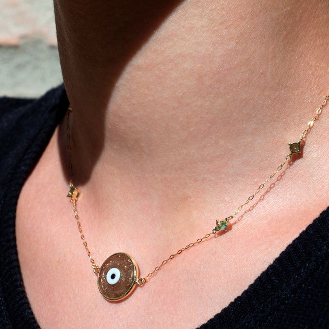 Colar Choker Olho Grego Murano Dourado e Esmeraldas