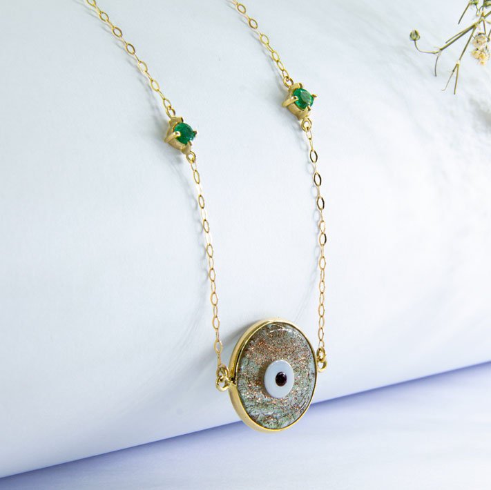 Colar Choker Olho Grego Murano Dourado e Esmeraldas