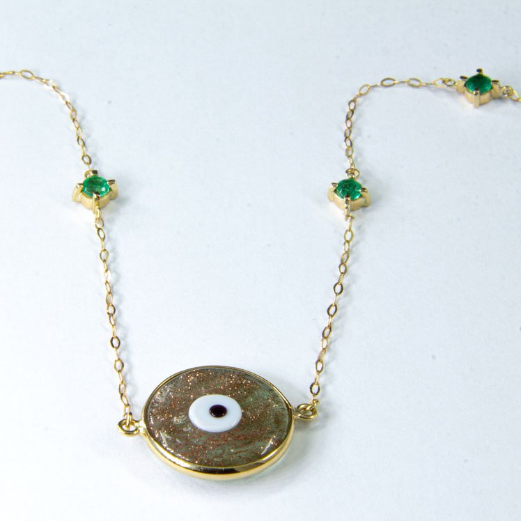 Colar Choker Olho Grego Murano Dourado e Esmeraldas
