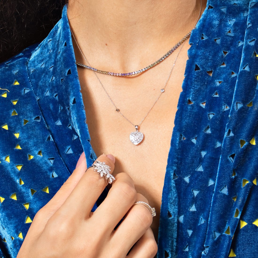 Colar Coração Brilhantes Brilhantes e Baguetes e Patilhas de Diamantes