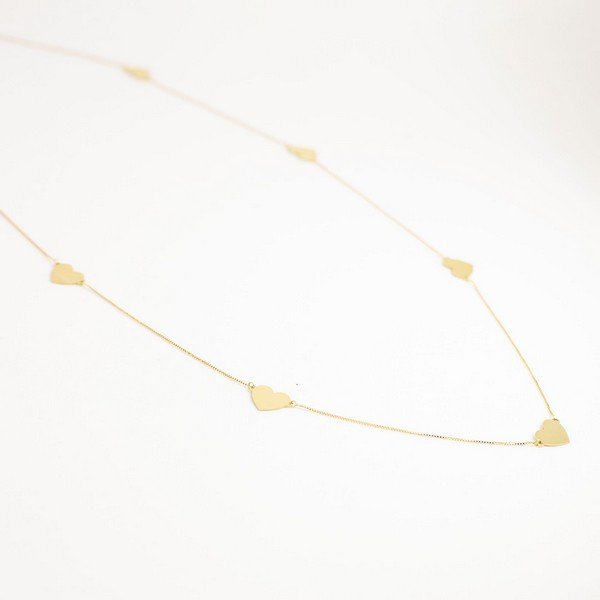 Colar Coração Chapinhas Longo Ouro 18K