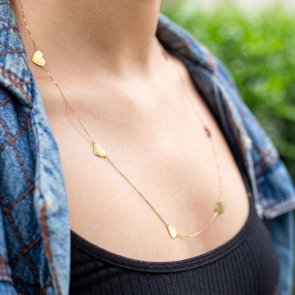 Colar Coração Chapinhas Longo Ouro 18K