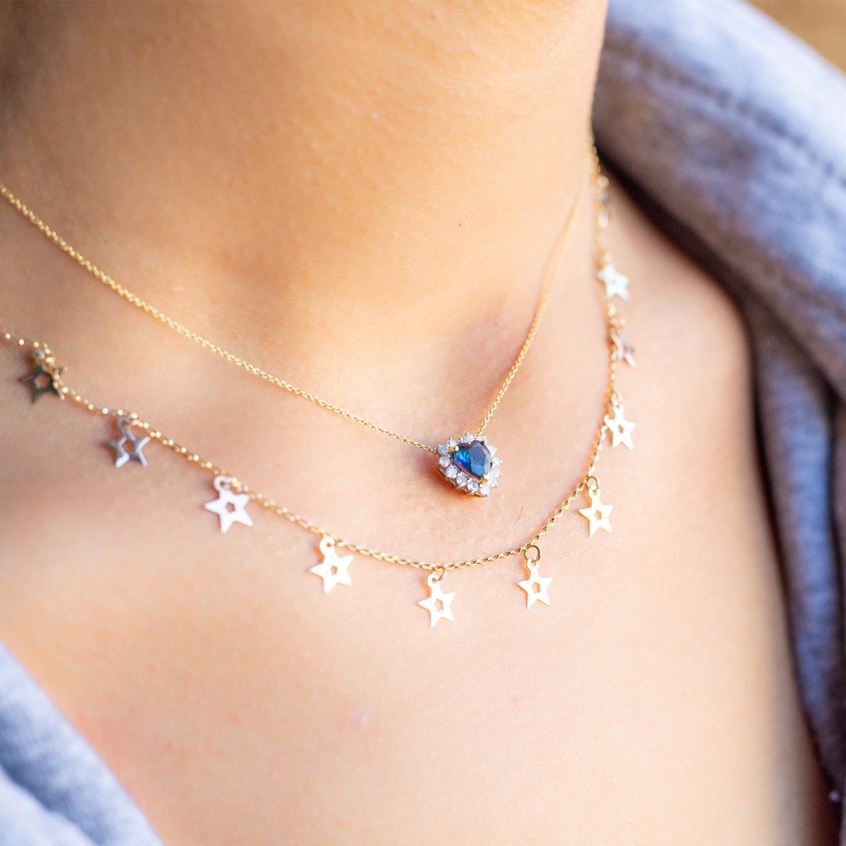 Colar Coração Safira Diamantes