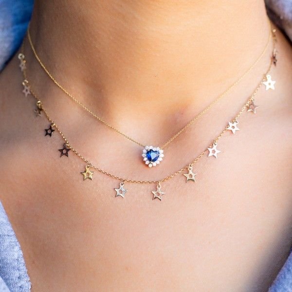 Colar Coração Safira Diamantes