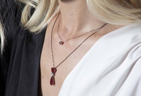 Colar Duplo Turmalinas Rosas e Diamante Extra 