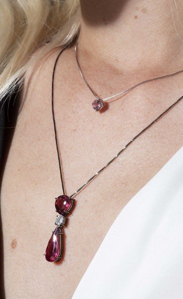 Colar Duplo Turmalinas Rosas e Diamante Extra 