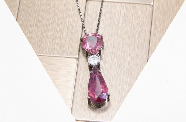 Colar Duplo Turmalinas Rosas e Diamante Extra 