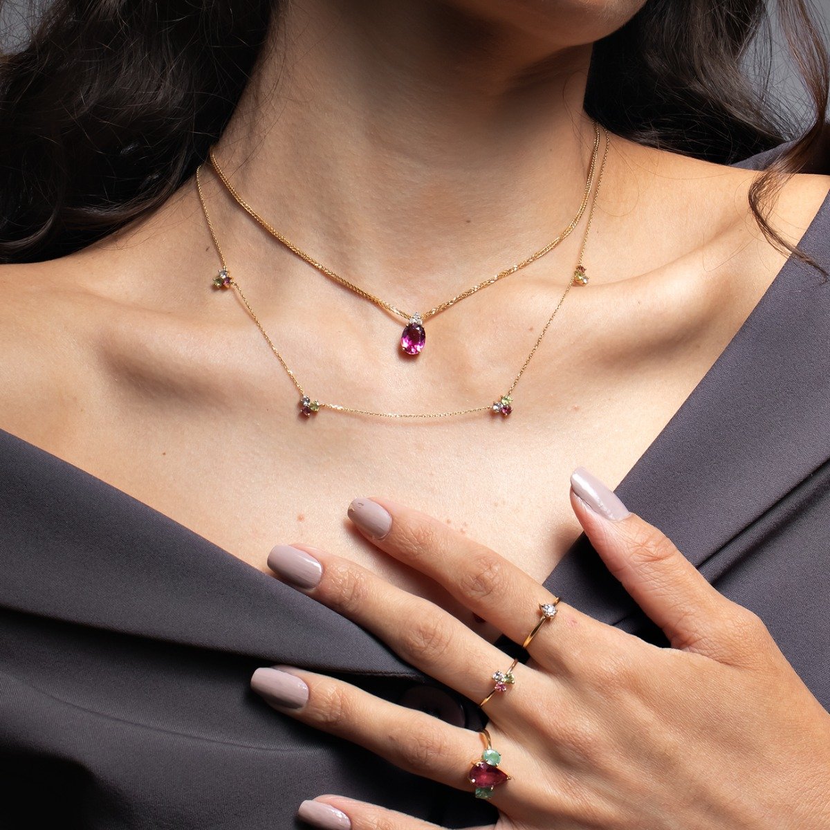 Colar Grumet Turmalina Rosa Extra e Diamantes Ouro 18k