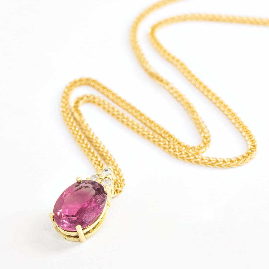 Colar Grumet Turmalina Rosa Extra e Diamantes Ouro 18k
