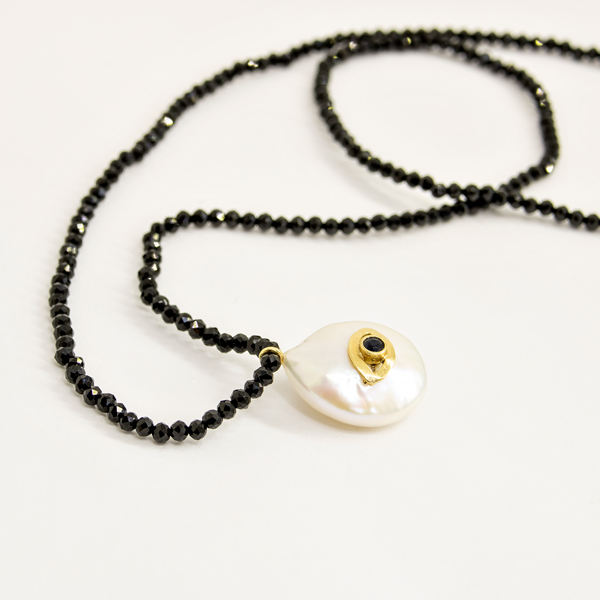 Colar longo espinélios Pérola Olho Grego Safira Ouro 18K