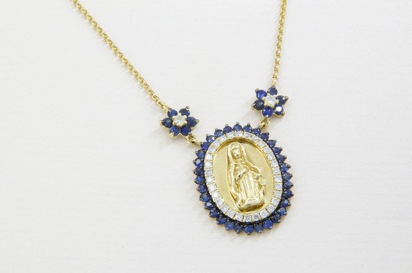 Colar Medalha Nossa Senhora Diamantes e Safiras Azuis