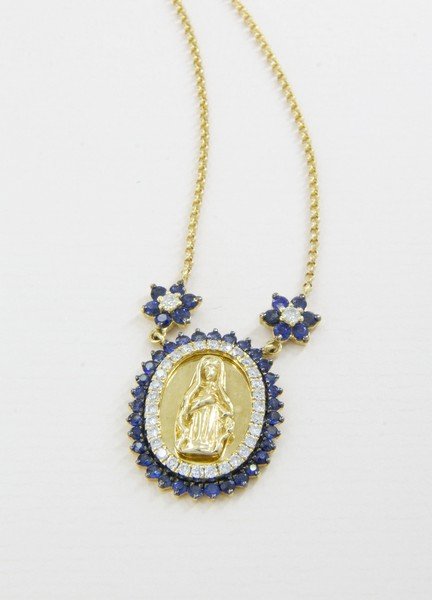 Colar Medalha Nossa Senhora Diamantes e Safiras Azuis